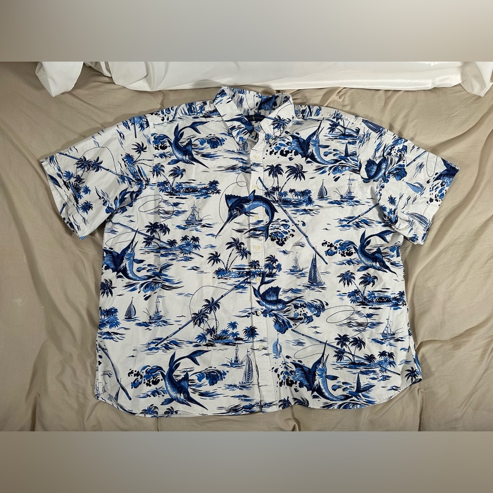 Ralph Lauren Swordfish Hawaiian Shirt Men's 3XB White Blue Fishing Nautical AOP
